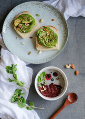 Homemade delicious and healthy meals / Avocado Toast with Mixed Berry Smoothie & Chia Seed Pudding...
