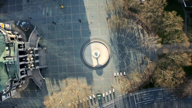 Aerial drone view of the Old Opera House's forecourt in Frankfurt am Main, Germany.