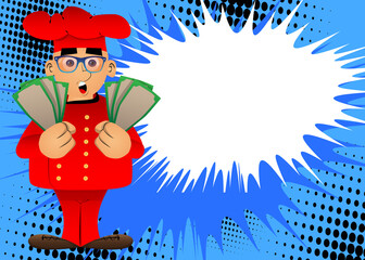 Fat male cartoon chef in uniform holding or showing money bills. Vector illustration. Rich Cook.