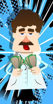 Funny cartoon doctor holding or showing money bills. Vector illustration. Rich health care worker.