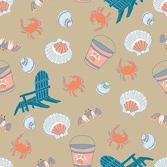 Nautical beach seamless pattern theme with seashells, beach chairs, buckets and crabs on taupe background.