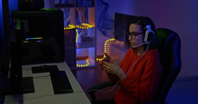 Beautiful woman communicates over the network, sits in headphones with a microphone, speaks and gestures. Young woman with glasses sits in a dark room with backlight, workplace of a blogger, virtual