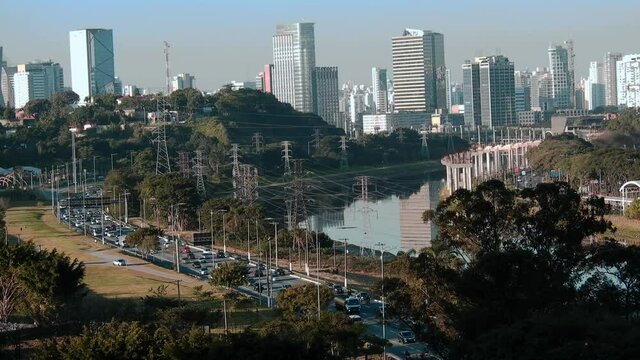 City skyline, with Marginal Avenue and Pinheiros River in the foreground, in the south zone of Sao Paulo, Brazil
