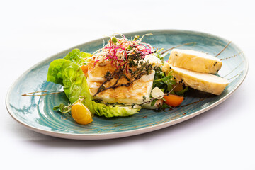 Omelet with vegetable salad and bread slices. Breakfast 