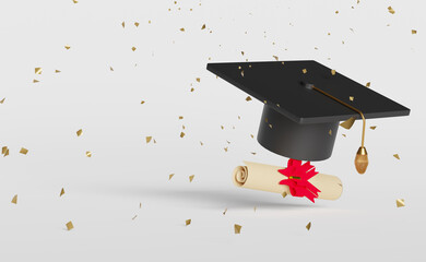 Graduation cap or mortarboard with diploma rolled on white background ,Graduational day celebration Concept ,3d render