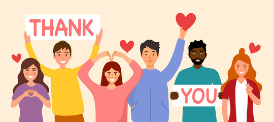 People show thank you and love message via hand gesturing and text sign in flat design.  - obrazy, fototapety, plakaty