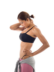 Fototapeta premium Tired woman feeling neck pain, massaging tense muscles, suffering from chronic shoulder back ache afterexercise on white background, incorrect posture problems, studio shoot