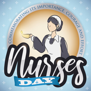 Nurse Drawing inside Button, Sign and Ribbon Commemorating Nurses Day, Vector Illustration