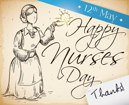 Scroll with Nurse Drawing, Thanks Message and Date for Nurses Day, Vector Illustration