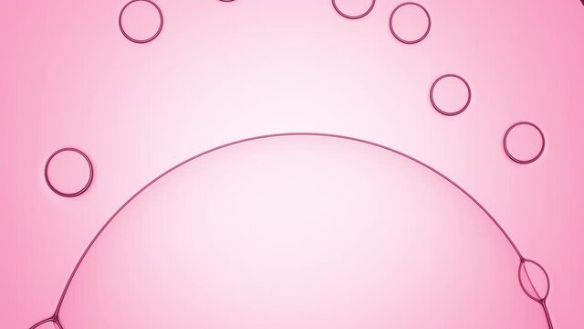 Transparent bubbles being attracted by big one connect to it sliding on its surface against pale pink background | Shot of body care salve ingredients for its promotion