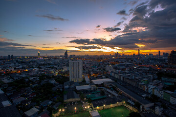 panoramic high-angle evening background of the city view,with natural beauty and blurred sunsets in the evening and the wind blowing all the time,showing the distribution of city center accommodation