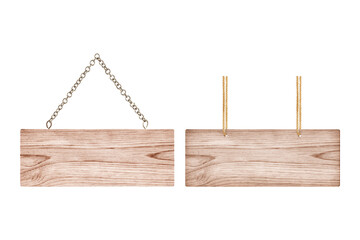 Wooden sign with chain and Wooden sign with rope isolated on white ,clipping path included.