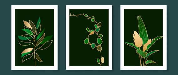 Tropical green leaves wall art. Luxury gold leaf line art dark background. Vector leaf banner set.  Botany design for cosmetics, spa fashion, prints and home decor.