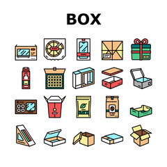 Box Carton Container Collection Icons Set Vector. Sushi Delivering And Pizza, Box For Tea And Coffee, Mobile Phone And Tv Plazma Concept Linear Pictograms. Contour Color Illustrations - obrazy, fototapety, plakaty
