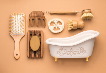 zero waste eco friendly concept for bathroom and kitchen. wooden natural brushes, solid soap, washcloth .luffa, wooden comb