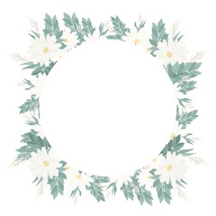 Postcard with flowers and leaves. Design concept for cards, labels and wedding invitations. Bouquets of flowers and golden round frame. Vector decorative isolated postcard.