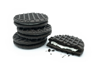 Stuffed cookies and cream flavor, Stack and broken piece with crumbs, Tasty sweet snack, Isolated on white background