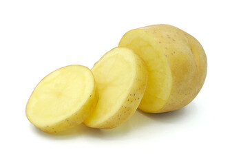 Naklejka na ściany i meble Raw potato sliced into pieces, Organic vegetable, Isolated on white background, Cut out with clipping path