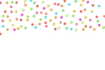 Stars golden glitter confetti isolated on white background. Festive holiday background. Celebration concept. Falling magic gold particles. Invitation mock up. Copy space