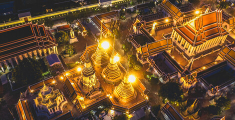 Aerial view of Grand Palace temple in Bangkok Thailand during lockdown covid quarantine at night