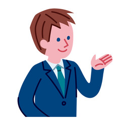 何かを紹介するスーツを着た男性のイラスト