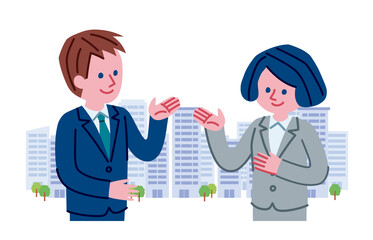 スーツを着た男女とビル群のイラスト