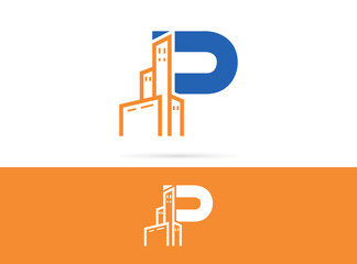 Letter P city logo design. Vector combination of  building and letter