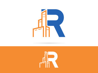 Letter R city logo design. Vector combination of  building and letter