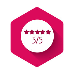 White Consumer or customer product rating icon isolated with long shadow. Pink hexagon button. Vector Illustration