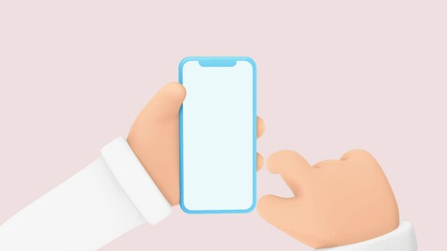 Ilustraci&oacute;n 3d render. Cartoon sosteniendo el tel&eacute;fono en el fondo blanco. Dispositivo de dibujos animados.