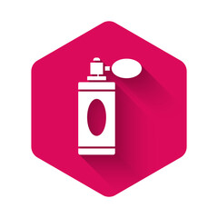 White Aftershave bottle with atomizer icon isolated with long shadow. Cologne spray icon. Male perfume bottle. Pink hexagon button. Vector Illustration