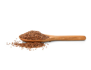 Flax seeds in a wooden spoon isolated on white background.