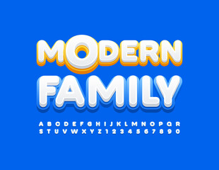 Vector bright sign Modern Family with Alphabet Letters and Numbers set. Blue and White cute Font