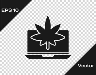 Black Laptop and medical marijuana or cannabis leaf icon isolated on transparent background. Online buying symbol. Supermarket basket. Vector Illustration