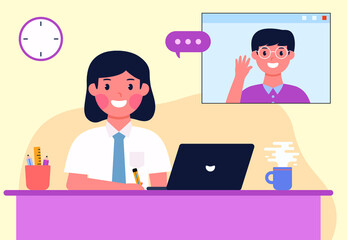 Hand drawn of Indonesian senior high school with teacher online class video conference on screen flat design illustration