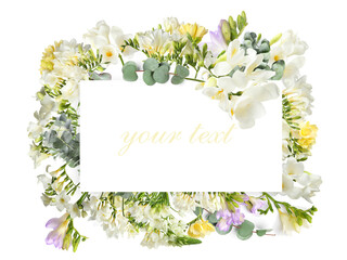 Mockup of greeting card with beautiful freesia flowers