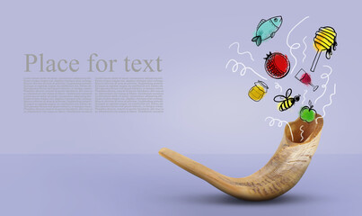 Shofar with symbols of Rosh hashanah (Jewish New Year) on color background with space for text