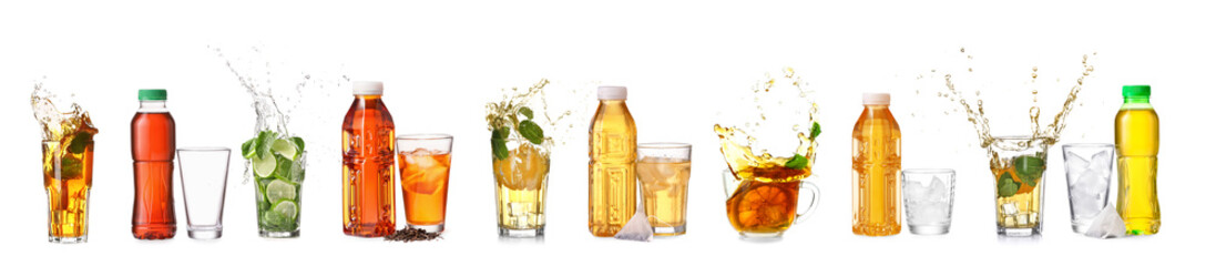 Collage of tasty cold tea on white background