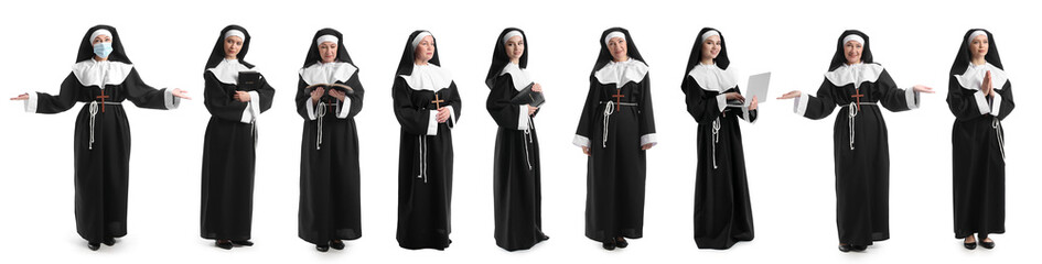 Group of nuns on white background