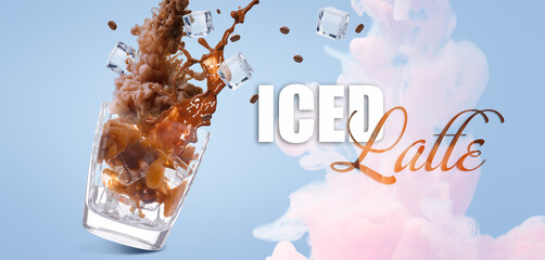 Glass with splashes of coffee and ice cubes on color background