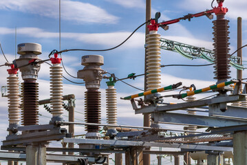 High voltage power transformer,generator electric in substation.Front view to high-voltage...