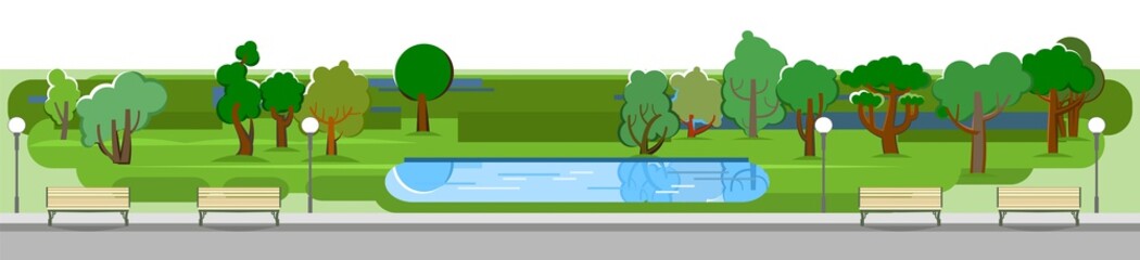 City park area. Isolated. Trees, shrubs, lanterns, pond and benches. Beautiful summer cityscape in restrained colors. A place to relax, walk and date. Beautiful background picture. Lawn. Vector.
