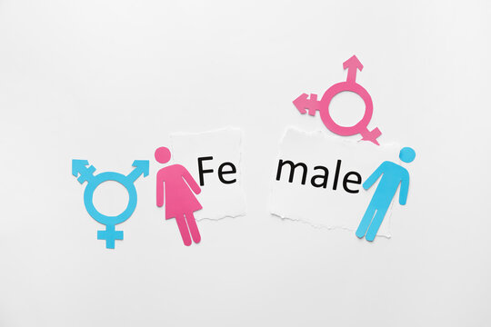 Male and female figures with transgender symbols on white background. Concept of transgender