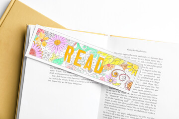 Cute bookmark with books on white background