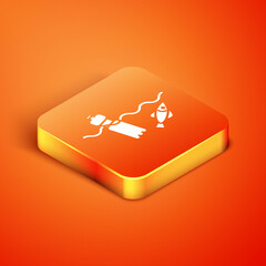 Isometric The problem of pollution of the ocean icon isolated on orange background. The garbage, plastic, bags on the sea. Vector Illustration