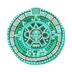 Mayan traditional calendar. Ancient civilisation icon in Mexico vector illustration. Round stone with decorative elements and signs isolated on white background. Ritual and tradition.