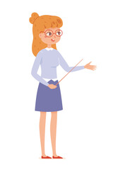 Woman teaching lesson in class with pointer. Teacher in education or museum guide vector illustration. Young woman standing, talking, pointing isolated on white background