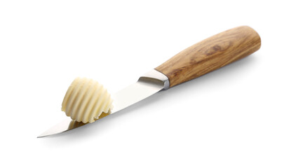 Knife with curl of butter on white background