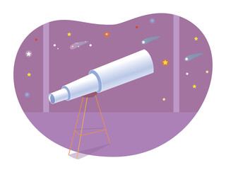 Astronomy museum with telescope background. Night sky with cosmos stars, galaxy vector illustration. School excursion or leisure activity scene. Science education wallpaper