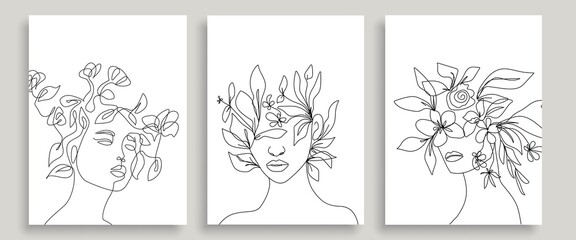 Elegant Women Faces with Flowers One Line Art Style Drawing. Continuous Line Art Minimalist Style for Wall Art, Print, Tattoo, Poster, Textile etc. Floral Female Fashion Face Vector illustration